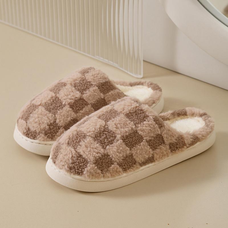 Couple Cotton Slippers Thick-bottomed Plaid Autumn and Winter Cute Flat-bottomed Slippers Winter Velvet Confinement Warm Cotton Shoes Women