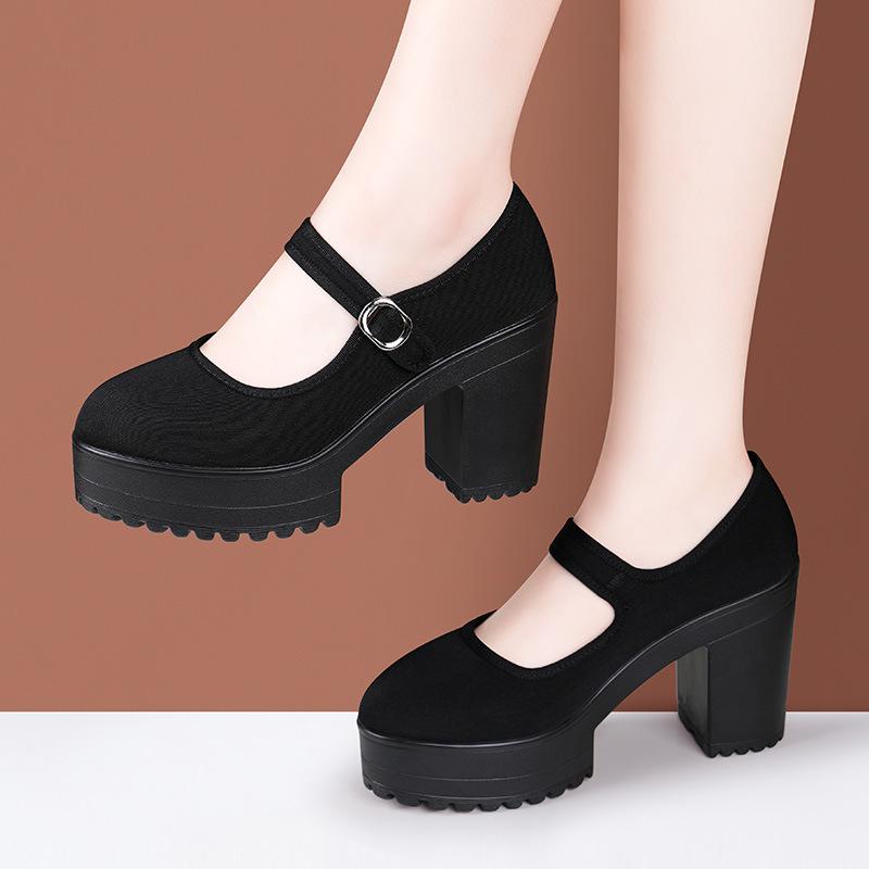High Heels Thick Soled Women's Cloth Shoes Women Black Platform Pumps Anti Slip Dance Work Shoes Breathable Comfort Mother Shoes