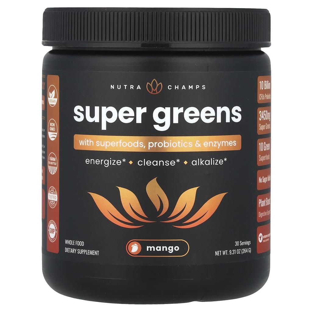 NutraChamps Super Greens, Superfoods, Probiotic, Enzyme, Mango Flavor, 9.31 Oz (264 G)