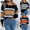 Autumn and Winter Casual Color-blocking Striped Lantern Sleeve Metal Buckle Off-the-shoulder Pullover Sweater for Women