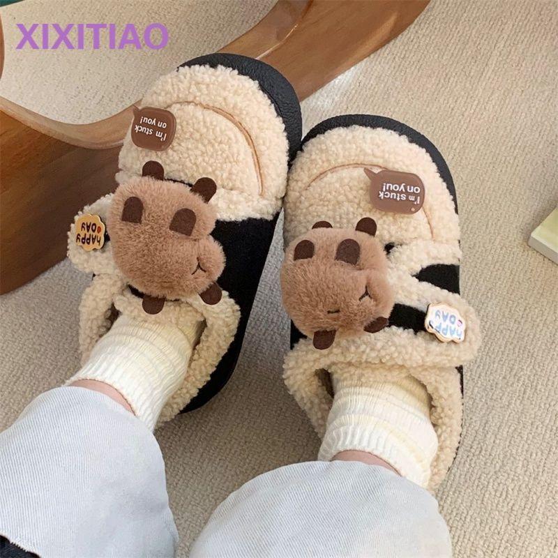 Cute Kapibara Thermal Shoes Lamb Wool Beanie Shoes 2025 Winter New Velcro Toys Non-slip Cotton Shoes