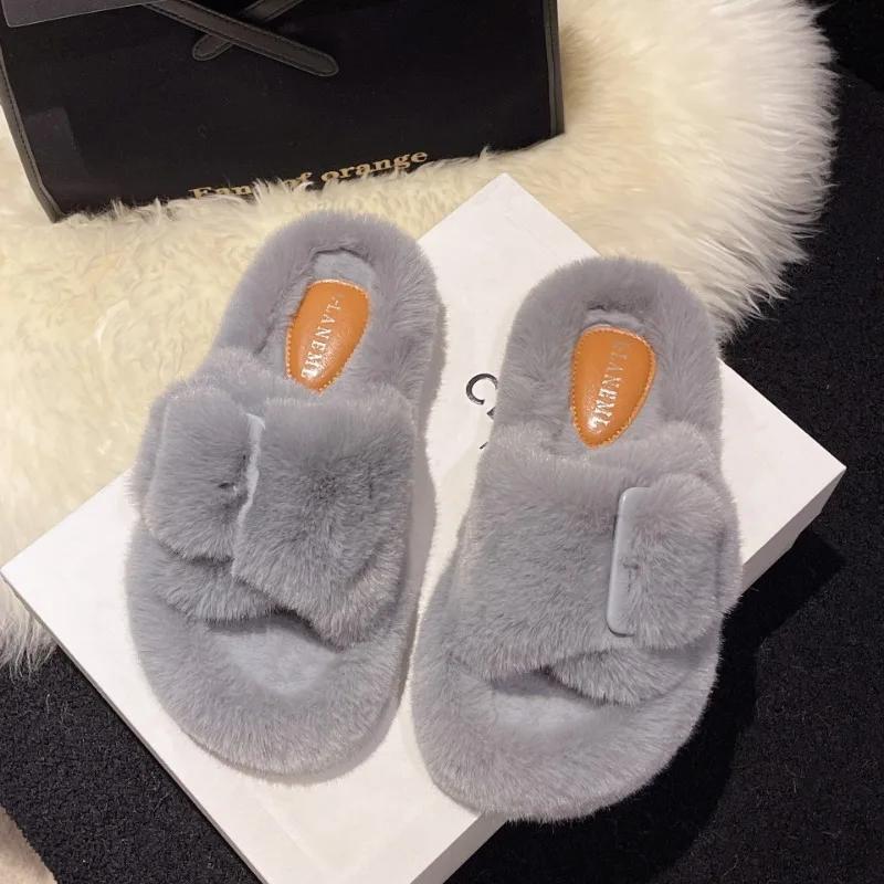 Women's Slippers 2024 New Casual Plush Fluffy Slippers Solid Color Indoor Warm Home Fashion Belt Buckle Outdoor Cotton Slippers