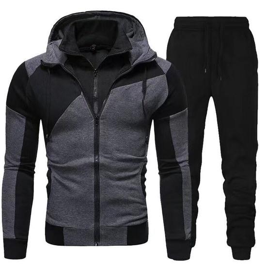 Men Autumn Winter Hoodie Pants Suit Fashion Hooded Splicing Zipper Coat with Elastic Waist Drawstring Pants Set