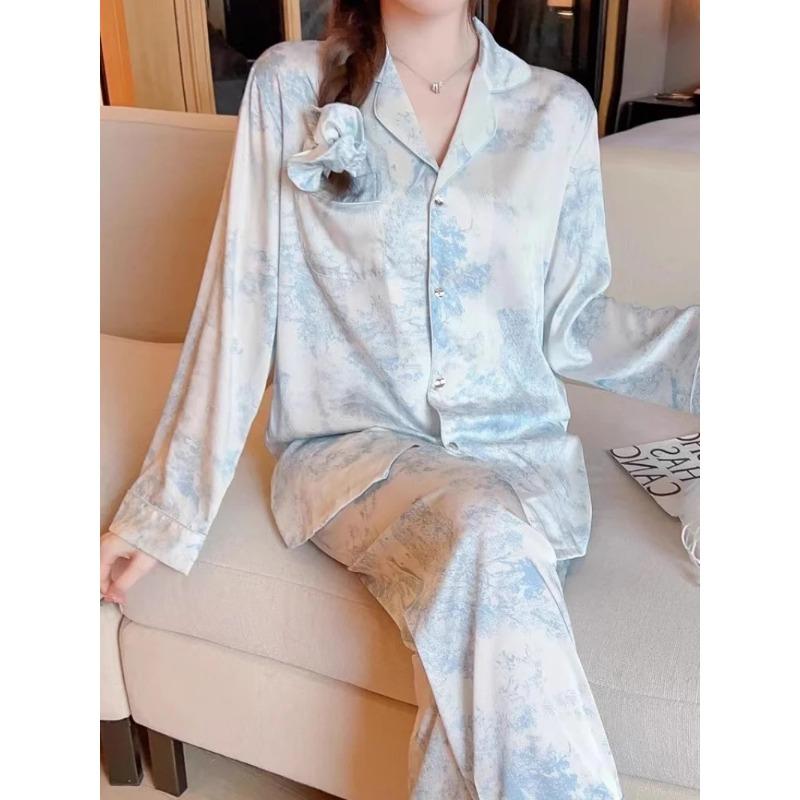 Women Pajamas Set Luxury Sleepwear Print Smooth Faux Silk Pajama Set Home Clothe Nightclothes Summer Outfits