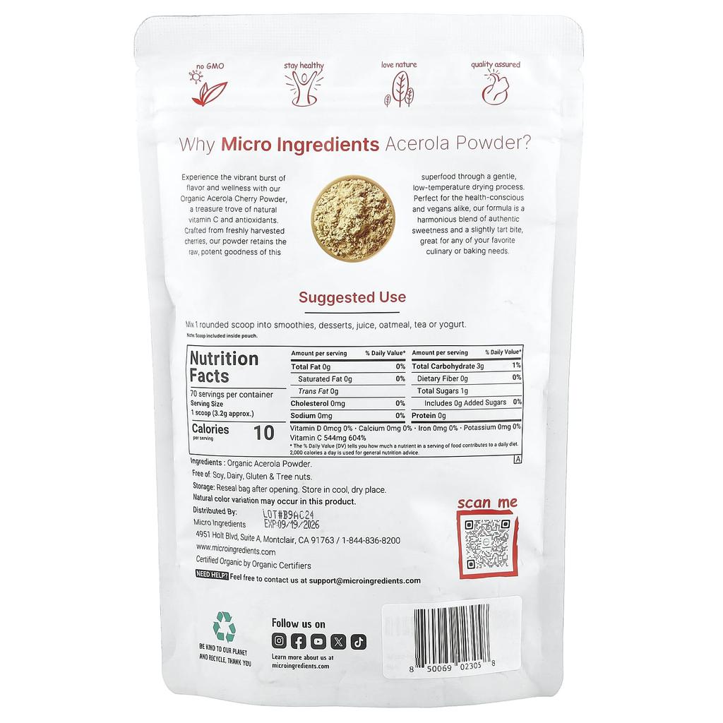 Organic Acerola Powder, 227G(8Oz)