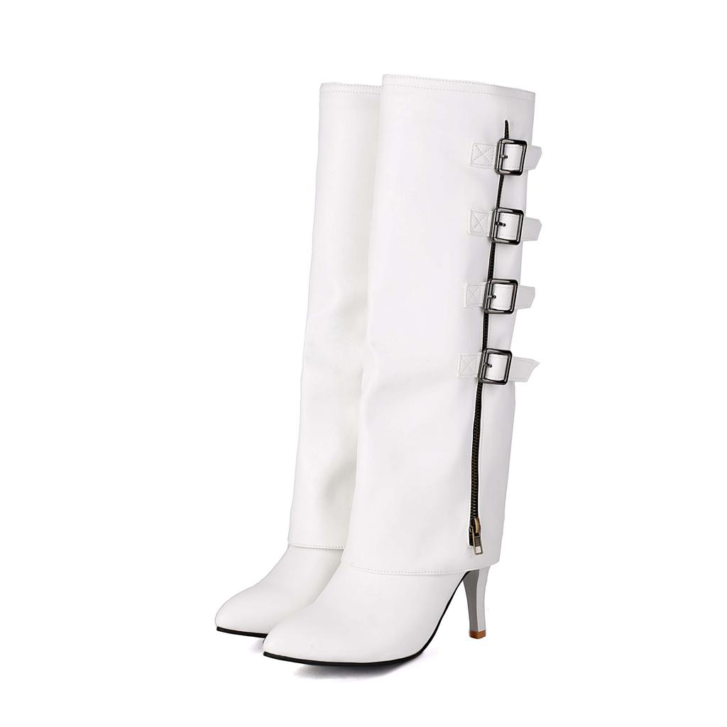 lenkisen PU Autumn Winter Shoes Pointed Toe Stiletto Thin High Heels Metal Square Buckle Keep Warm Fashion Knee Boots