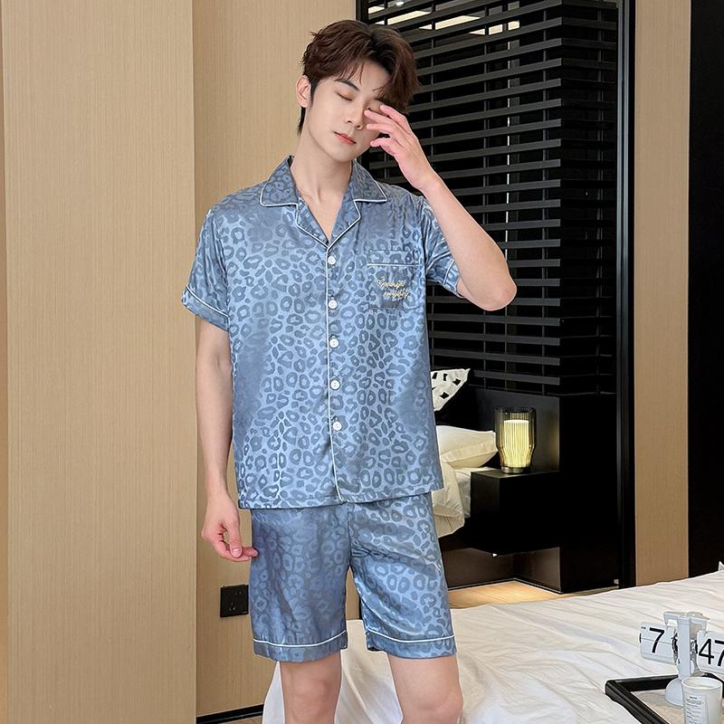 2025 Summer Thin Ice Silk Pajamas Men's Comfortable Short-sleeve Plus Size Home Wear Sleepwear Suit Teenagers Leisure Outdoor Can Be Worn Outside
