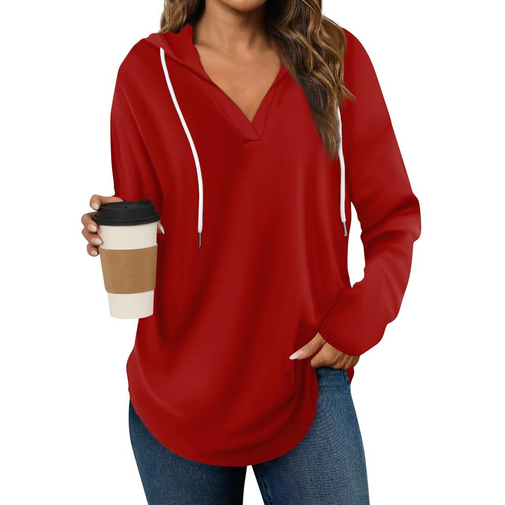 Women's Fashion Hoodies V Neck Long Sleeve Solid Drawstring Casual Loose Pullover Tops