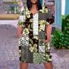 Women's Summer Plus Size V-neck Short Sleeve Print Knee Pocket Casual Dress