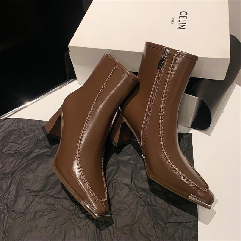 Fashion New Autumn Split Leather Knight Boots Square Toe Chunky Heel Boots for Women Winter Short Boots Concise Women Boots High Heels