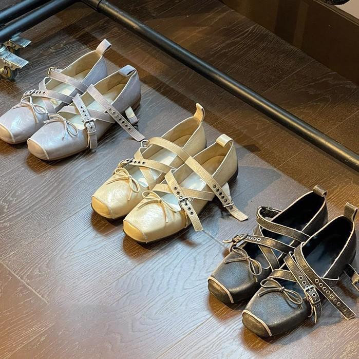 Cowhide Version~ Korean Version of Square Head Pig Nose Ballet Mary Jane Women's Shoes French Light Mouth Bow Single Shoes Women's Thick Heel