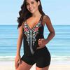 Women's Shoulder Strap Swimsuit with Symmetrical Rose Print Bikini Short Tank Top Swimsuit