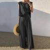 Spring Summer Women's Solid Color Cotton Linen Two Piece Set Women Sleeveless Tops Loose Wide Legs Pants Sets