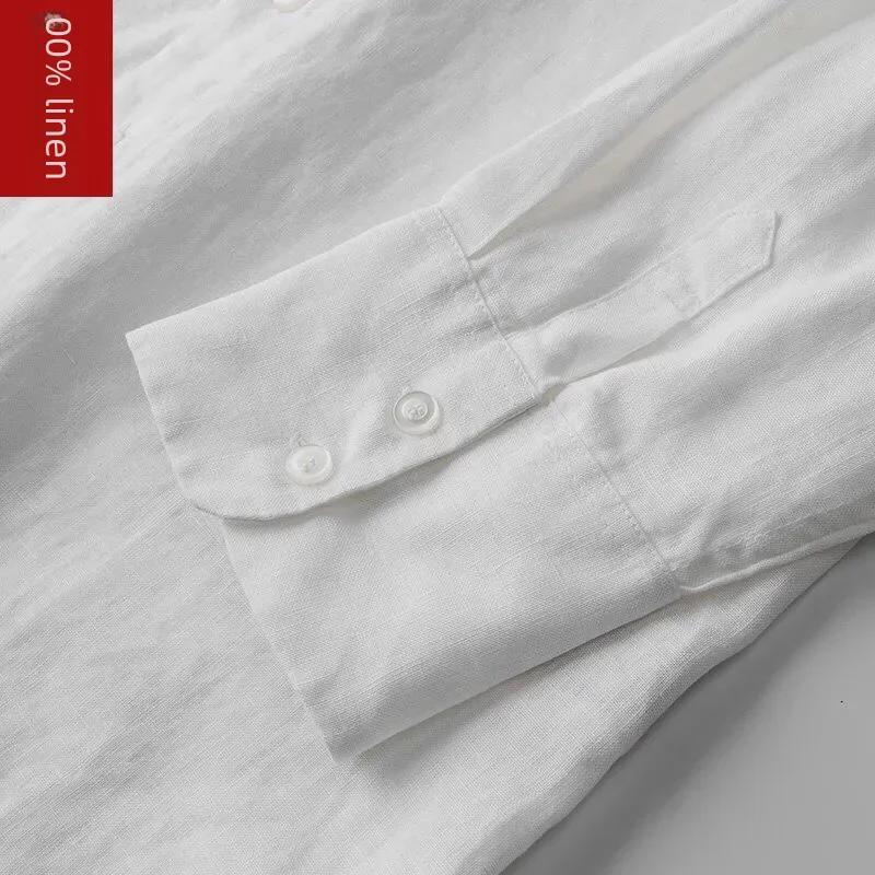 Мужская повседневная белая льняная рубашка - дышащая, свободного кроя, рукав три четверти