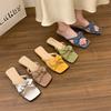 Bow Low Heel One-word Slippers Women's Summer New Square Head Open-toed Temperament Versatile Sandals