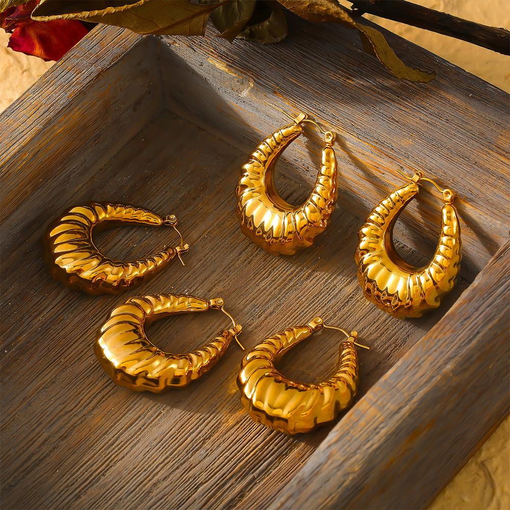 Style Gold U-Shaped Texture Earrings Titanium Steel 18K Plated Real Gold Versatile Personalized Ear Jewelry