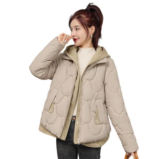 Women Winter Coat Fake Two-piece Zipper Button Closure Padded Hooded Turn-down Collar