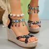 Fashion Bohemian Tassel Wedge Heel Sandals for Women Summer 2025 Printed Braided Gladiator Sandals Woman Chunky Platform Sandalias Mujer