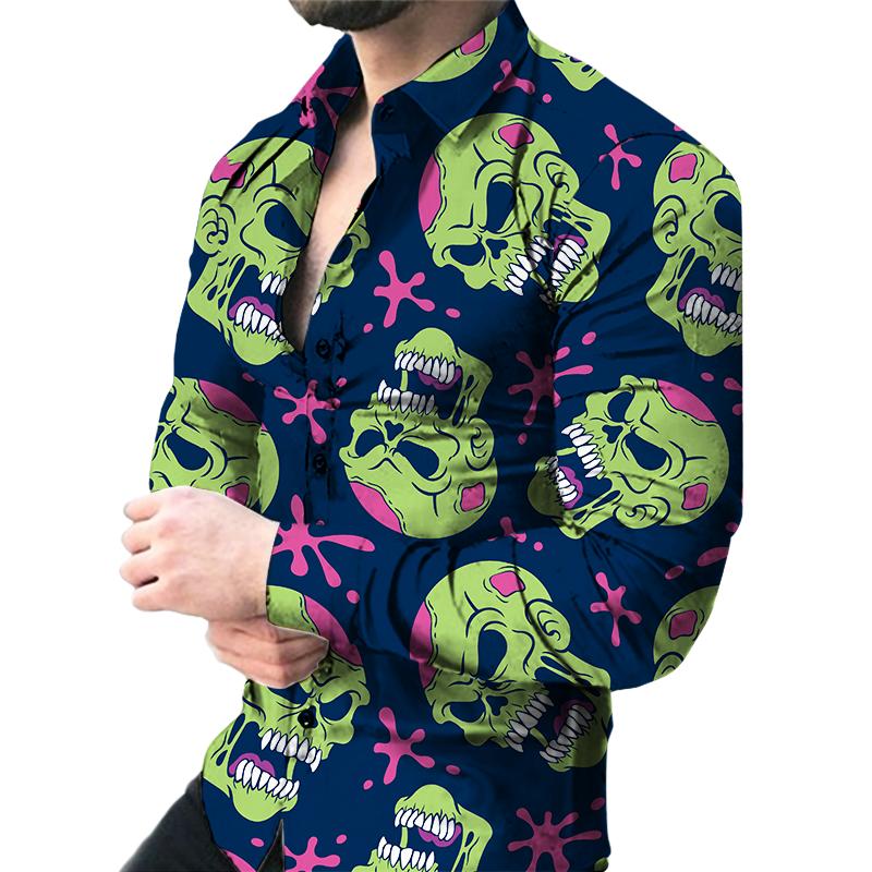 3D Skull Print Men's Long-sleeved Stretch Shirt Vacation Party Shirt