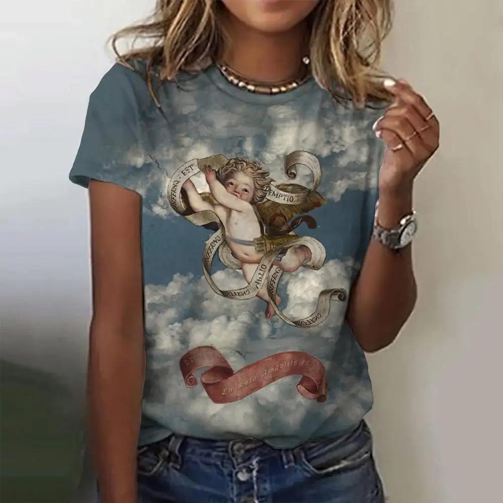 Summer Angel Flower 3D Printing T-shirt Women's Street Casual Fashion Y2k Round Neck Short-sleeved Top Clothing