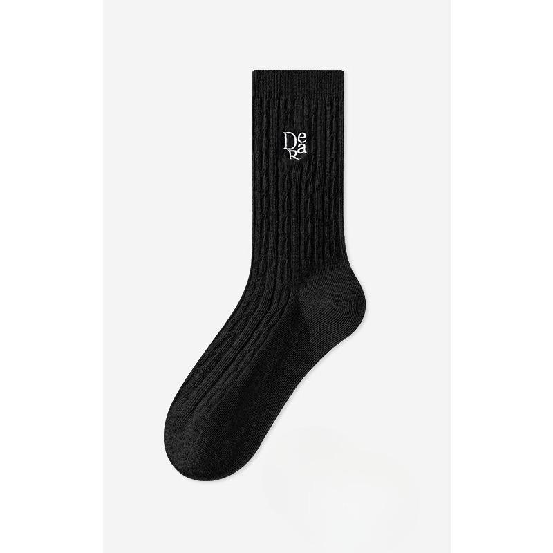 Women's Spring and Autumn Mid-calf Socks, Embroidered White Anti-pilling Pure Cotton Socks, Sweat-absorbing and Odor-proof Pile Socks