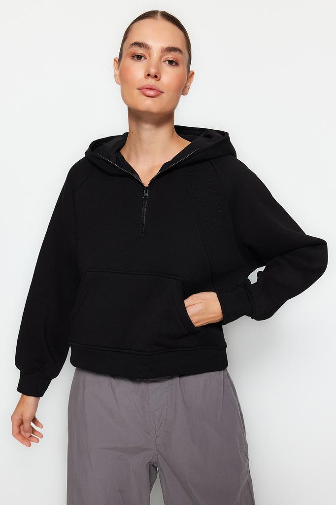 Women's Fashion Sweatshirt Hooded Long Emerald Green Regular Fit Embroidered Hooded Knitted Sweatshirt with Fleece Inside