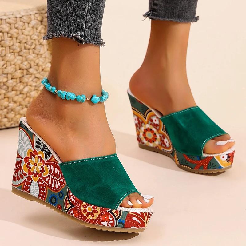 Fashion Floral Print Wedge Heel Sandals for Women Summer 2025 Ethnic Style Chunky Platform Slippers Woman Thick Bottom Peep Toe Slides