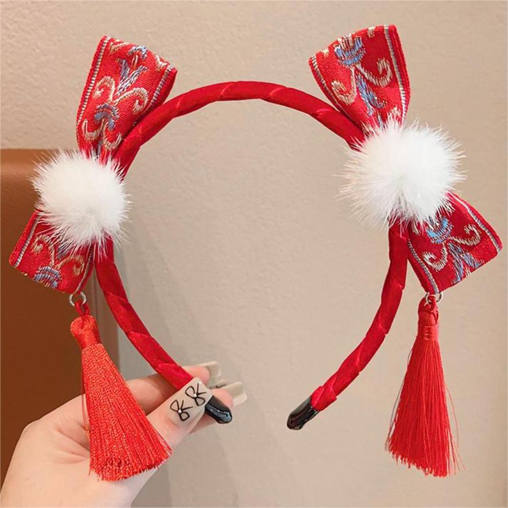 Tassel Hanfu Hair Bun Hair Hoop Plush Ball Red Hairband Simple Chinese New Year Headwear Children