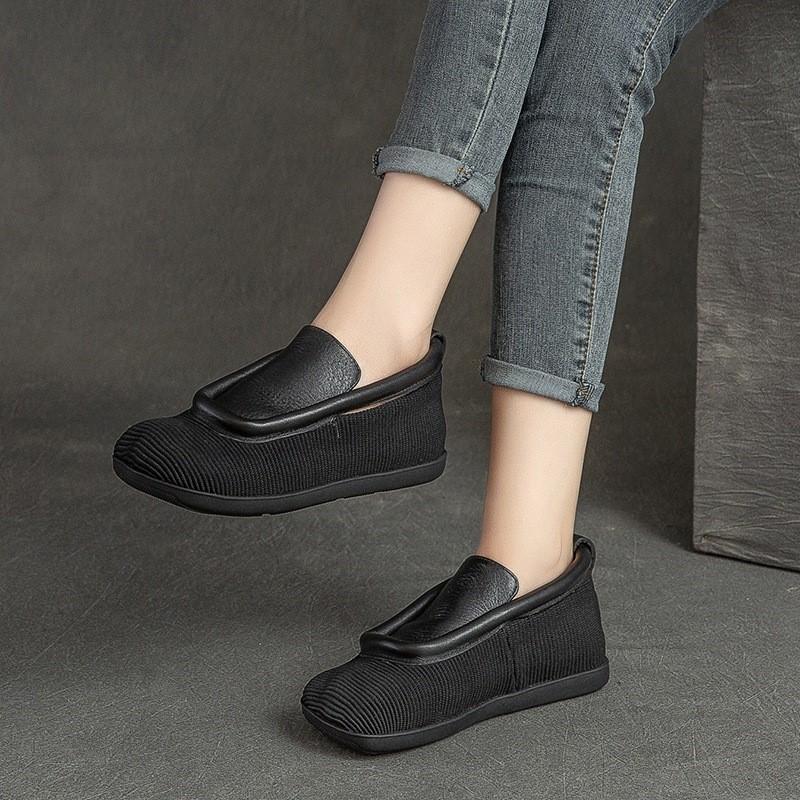 Johnature Retro Round Toe Flats Lightweight And Versatile Genuine Leather Splicing Women's Slip-on Shoes