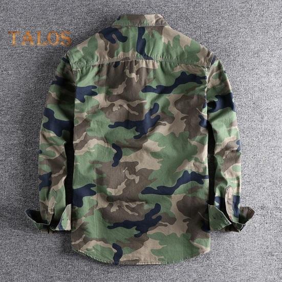 Spring Fall Men Shirt Camouflage Print Cargo Style Chest Pockets Wear-resistant Long Sleeves Turn-down Collar Button-down Outdoor Work Top
