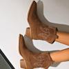 New Fashion Solid Color Comfortable Women's Western Boots Embroidered Thick Heel Slip-On Cowgirl Boots  Zapatos De Mujer