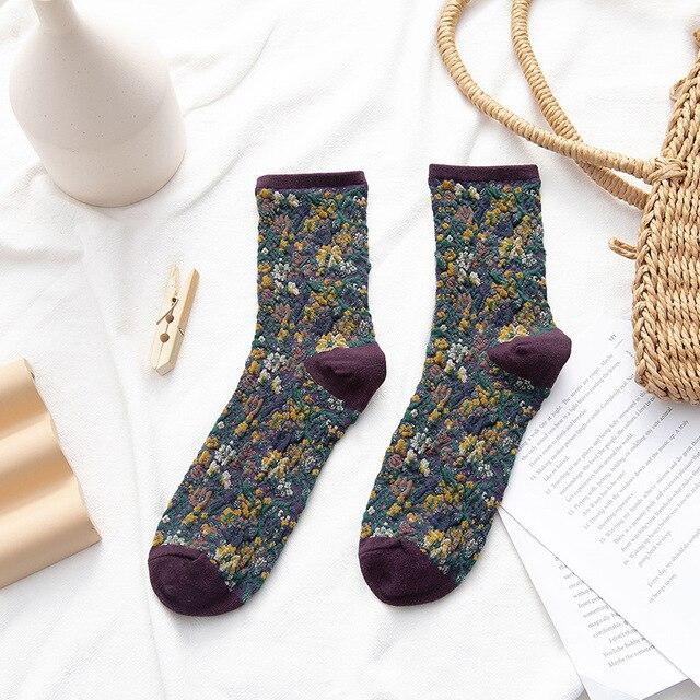 Winter Warm Flower Vintage Socks Women Korean Ins Fashion Kawaii Harajuku Mori Girl Socks Skarpetki Kobieta Femme Chaussettes