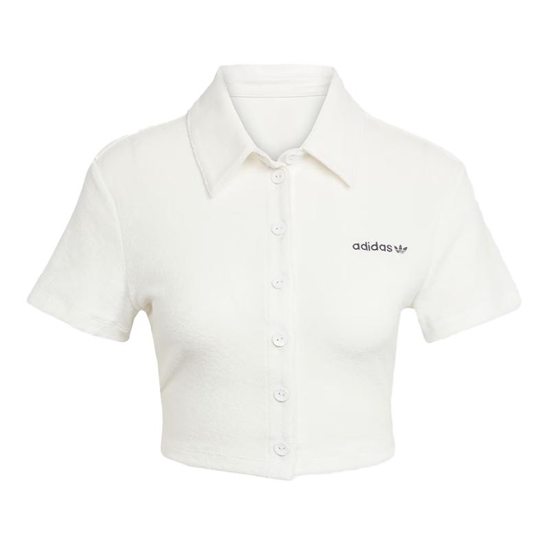 Adidas Originals Striped Towel Button-Up Tee Vintage Fashion Slim Soft Short Sleeve T-Shirt Women Tops Cloud-White JC5334