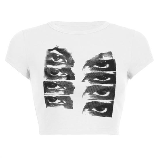 Vintage Short-sleeved T-shirt Female Y2k Aesthetic Graphic Eye Print Crop Top Streetwear Harajuku O-neck Gothic Tee Slim