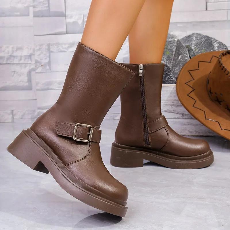 2024 Hot-selling Versatile Warm and Comfortable Women's Boots New Fashion Thick-soled Women's British Style Western Mid-calf