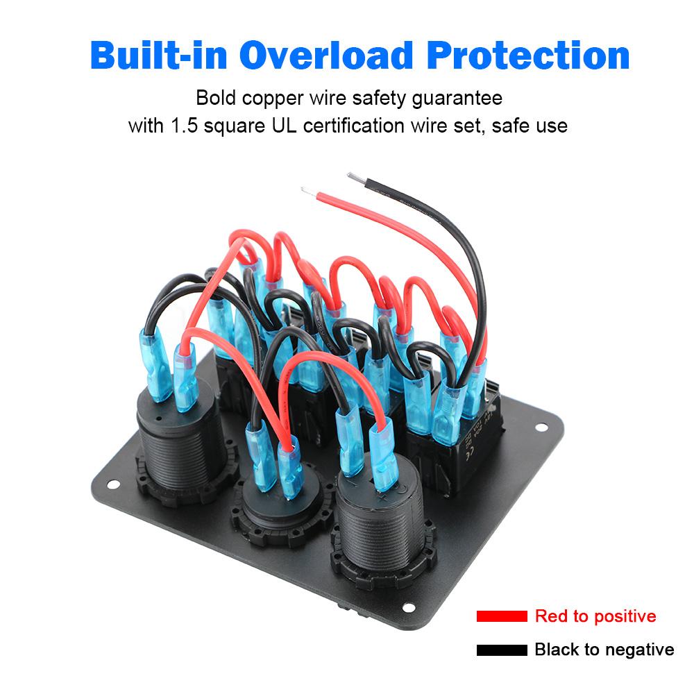 LED Rocker Switch Panel Interior Accessories Digital Voltmeter Aluminum Panel Dual USB Port 4 Gang Waterproof for Car RV Camper Caravans