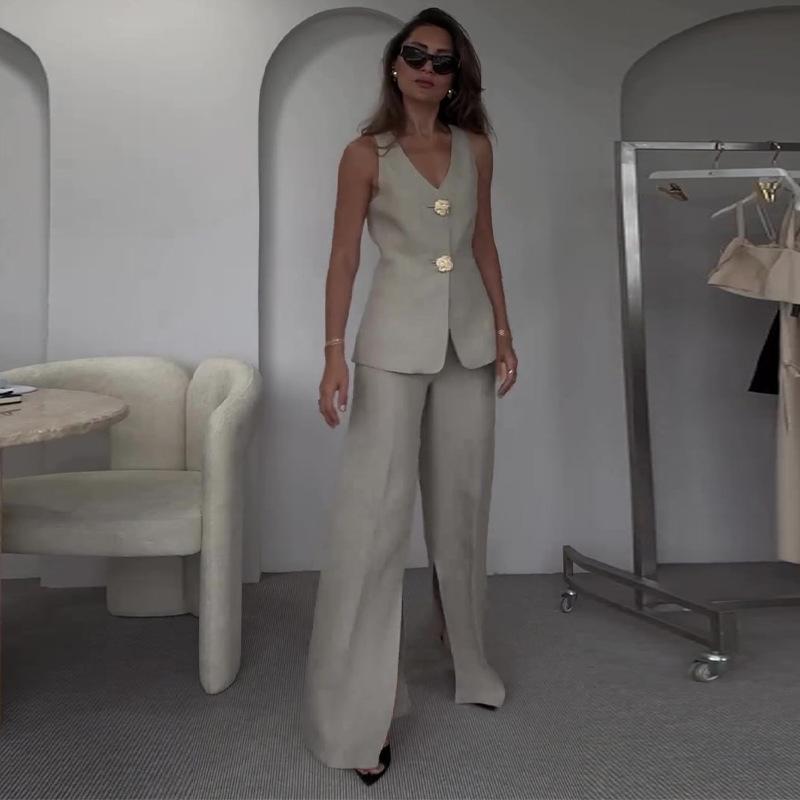 Casual V-Neck Vest Two-piece Suit Women Solid Button Sleeveless Tank Top High Waist Wide Leg Pants Slim Fit Office Lady Outfits