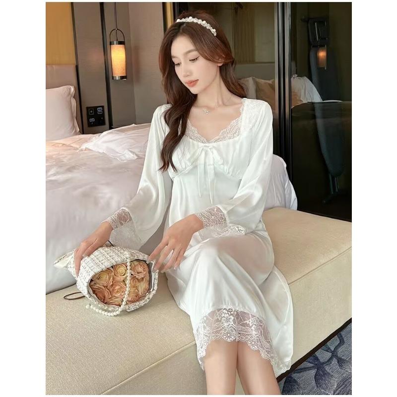 Women's Sexy Spring and Autumn Nightdress Ladies Sweet Lace Ice Silk Loungewear Long Sleeve Homewear