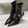 [Spot] Winter Pointed Patent Leather Short Boots for Women, European and American Temperament, Gold Fine Heel Side Zipper, Black High Heels for Women