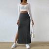 Women Skirt High Waist Knitted Elastic Thick Warm Ankle Length Striped Slim Fit Split Hem Soft Sheath Maxi Skirt