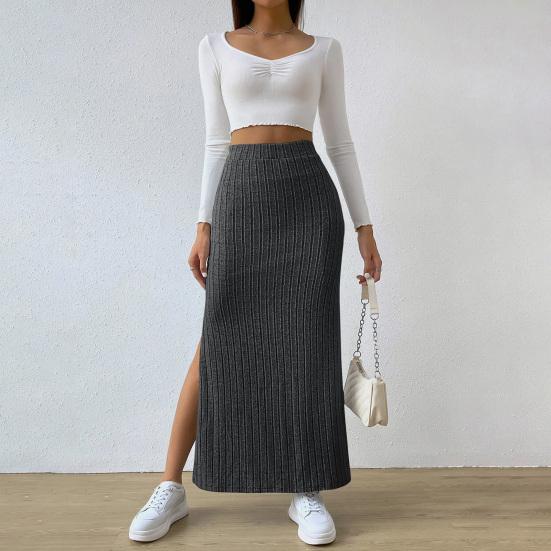 Women Skirt High Waist Knitted Elastic Thick Warm Ankle Length Striped Slim Fit Split Hem Soft Sheath Maxi Skirt