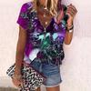 Women's Top Summer New Fashion Rose Flower Bramble Rose Printed Casual Zipper V-neck Short Sleeve Top