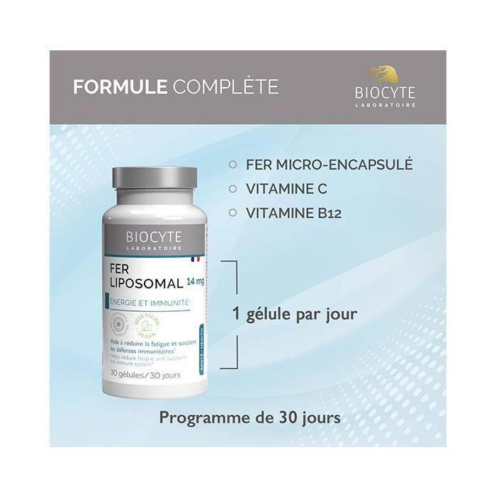 Biocyte Fer Liposomal Energie &amp; Immunité Fer Vitamine C Vitamine B12 30 Gélules