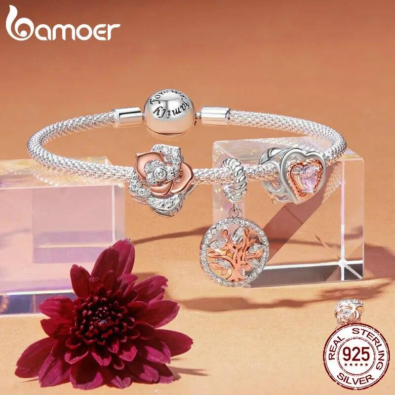Bamoer Rose Gold Tree of Life Love Hreat Charm Beads for Women Jewelry Making 925 Sterling Silver Charm for Original Bracelet