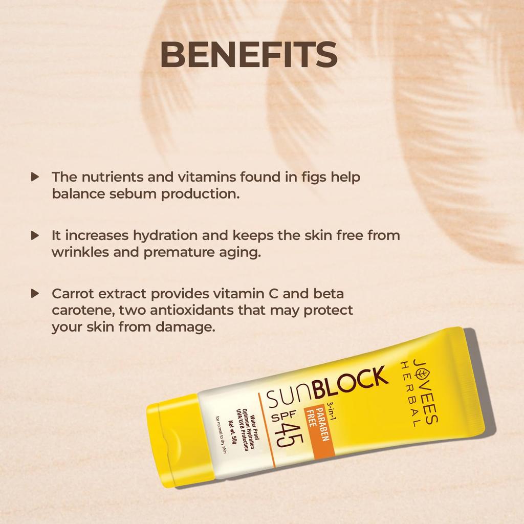 Jovees Herbal Sun Block SPF 45 Sunscreen For Dry Skin  | Broad Spectrum UVA UVB Blue Light Protection | Lightweight Non Greasy Hydrating 50g