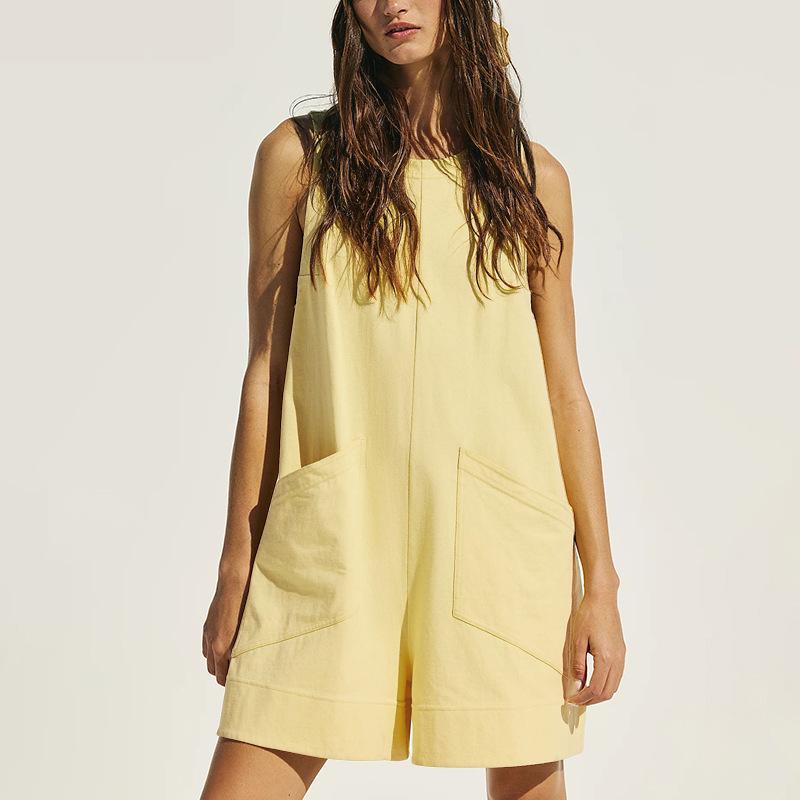 Summer Women's Loose One-piece Shorts Solid Colour Cotton Linen Vest Casual Jumpsuit