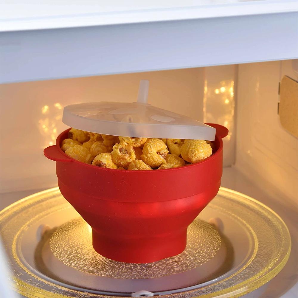 1/3Pcs Silicone DIY Microwave Popcorn Bowl Bucket Red Popcorn Maker with Lid Chips Fruit Dish High Quality Kitchen Easy Tools