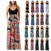 Women Sleeveless Print  V-neck Maxi Dress Summer Party Cami Dress With Pockets