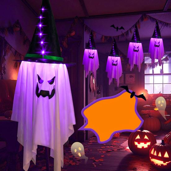2 Packs Halloween Ghost Lights Outdoor Spooky Hanging Witch Hat Ghost Battery Operated Halloween Lamp for Yard Porch