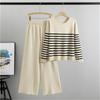 Spring  Casual Fashion Suit Fashionable Striped Knitted Top Wide Leg Pants Two Piece Set for Women